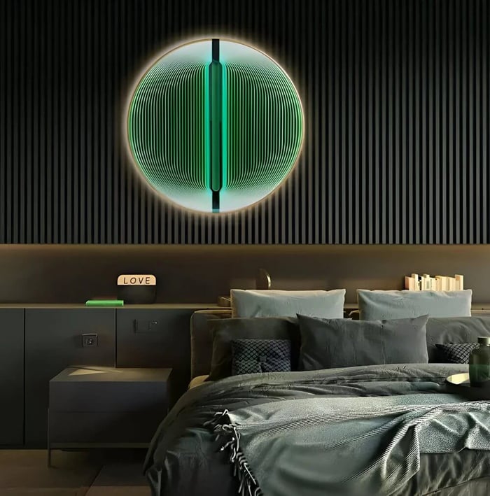 Glowing green circular neon wall art above a dark, modern bed in a moody, contemporary bedroom.