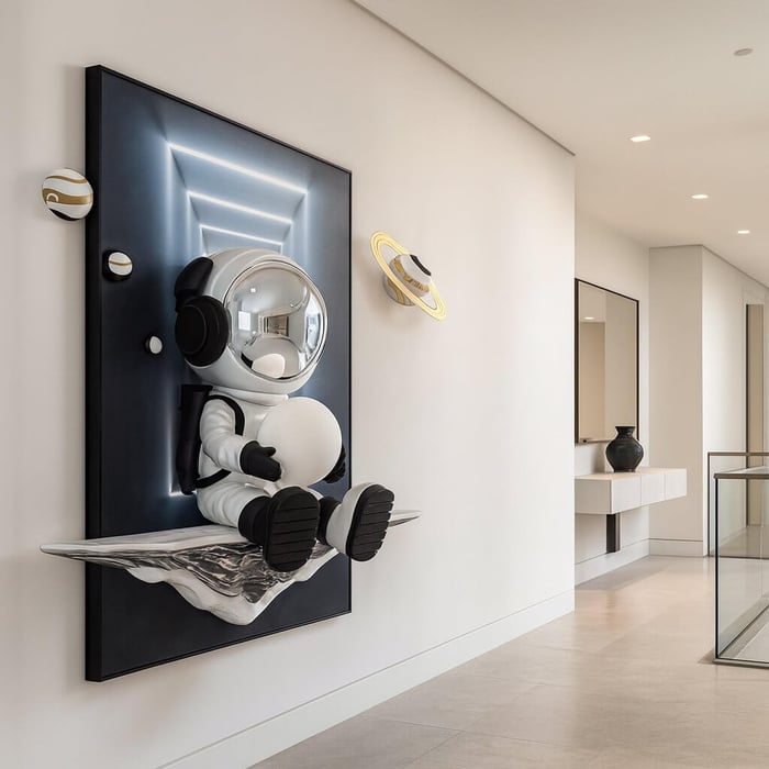 A futuristic Silver Astronaut Glow 3D Wall Art with LED lighting displayed in a modern hallway, featuring a reflective helmet and space-inspired design for contemporary interiors.