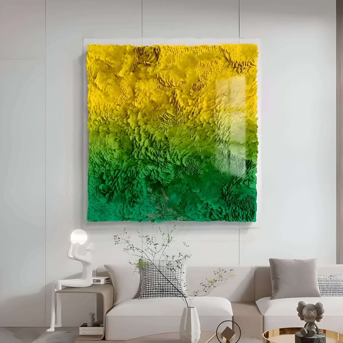 Yellow to green gradient leather artwork with lush three-dimensional texture in a modern living room.