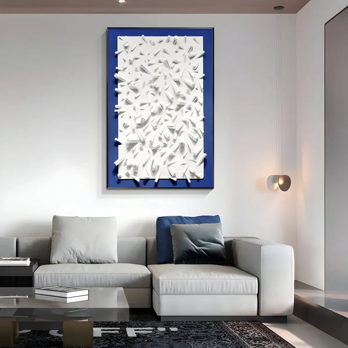 A set of four wooden panels arranged in a wavy pattern, displayed on a wall in a modern living room with leather and fabric seating, highlighting the textures of the wooden artwork.