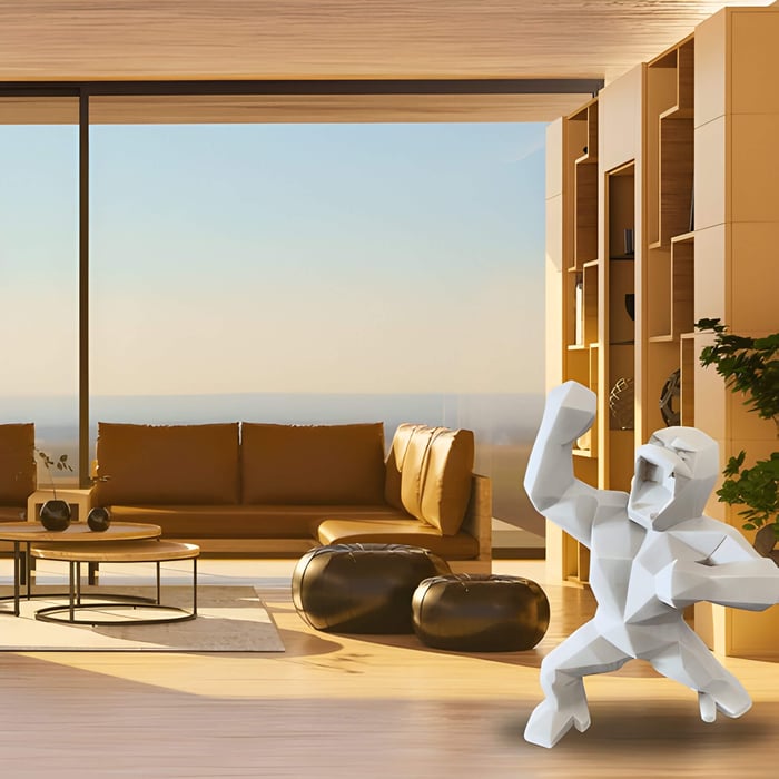 A large white Gorilla statue in a spacious and modern living room; Giant Bear Gorilla Statues
