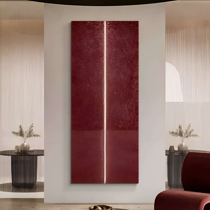 Minimalist Red Panel Wall Art – A sleek red panel artwork with a central glowing line, displayed in a refined modern interior.