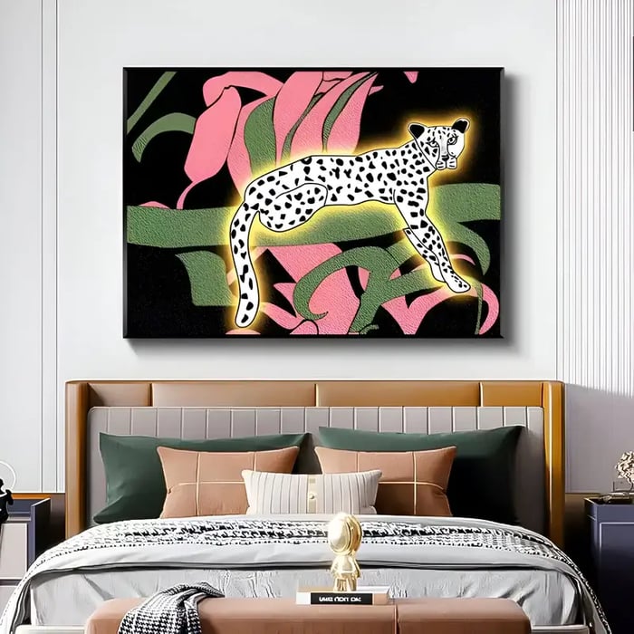  A chic bedroom featuring a large wall art piece of a spotted cheetah surrounded by tropical foliage, highlighted by a glowing outline.