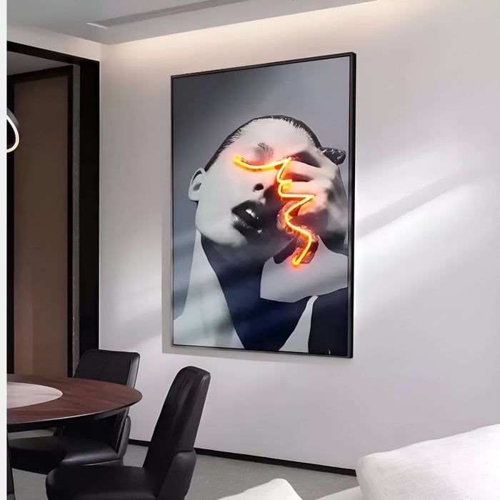 Monochrome portrait accented by neon light.
