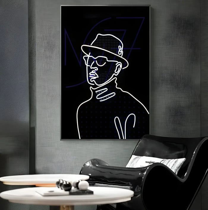 Neon artwork of a stylish man in a dark lounge – A modern neon-lit portrait of a man with glasses, framed in black, in a moody lounge setting.