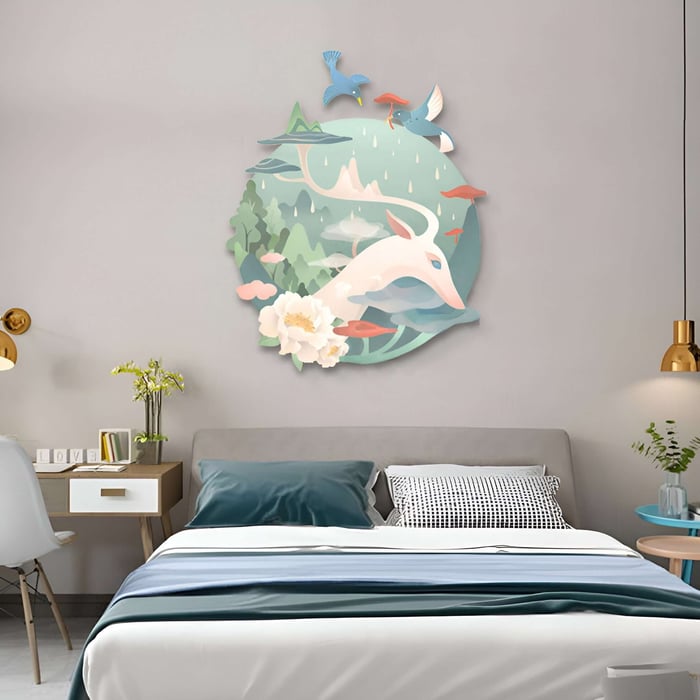 Playful 3D wall decor of a deer with flowers and birds above a soft, pastel-themed children's bed.