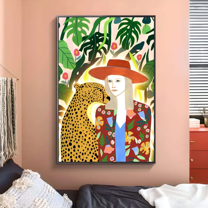 Vibrant wall art of a woman in a hat with a leopard, surrounded by jungle plants, in a pastel bedroom.