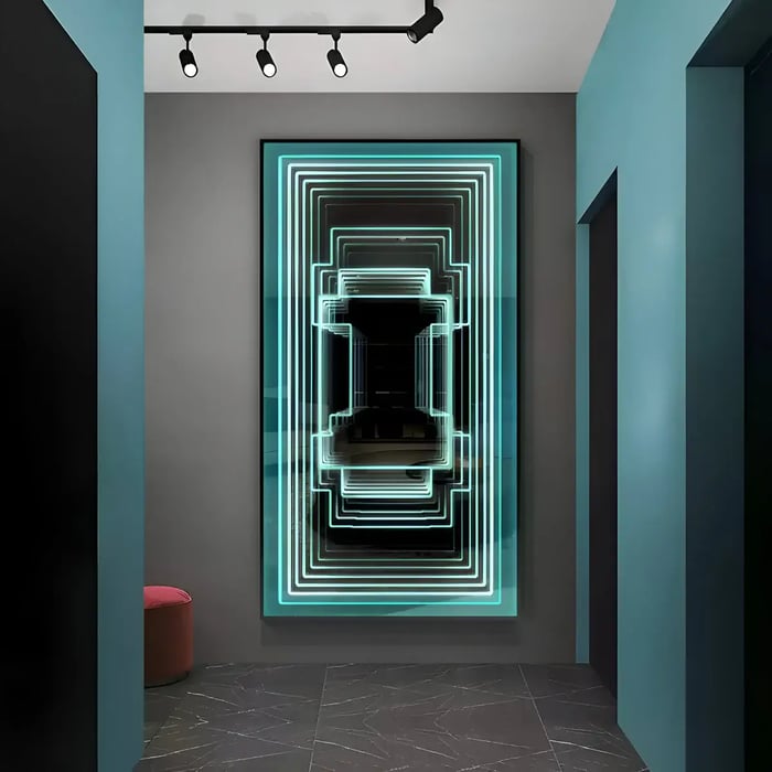  A futuristic hallway with a glowing geometric neon wall art piece in shades of teal, creating a striking focal point against dark walls.