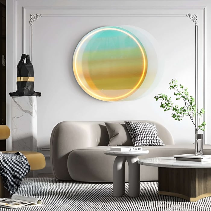 Gradient circular wall art with soft lighting in a sleek, modern living room.
