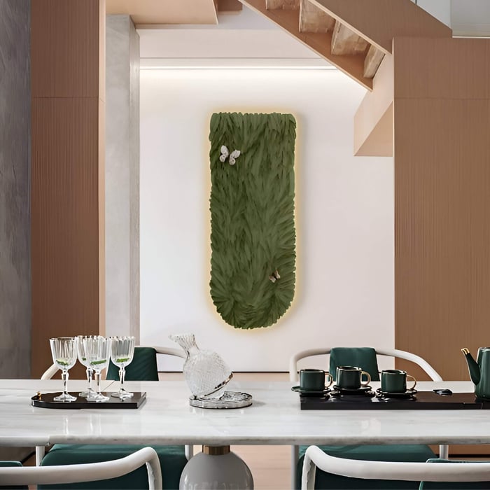 Elegant dining space featuring vertical organic art with leaf-like green texture and delicate butterflies on a white wall.