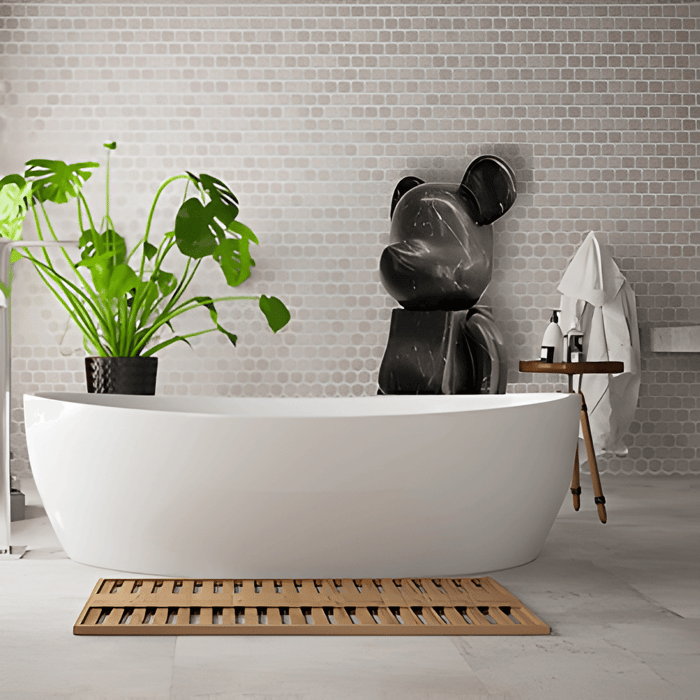 a giant bears black stone bear behind a modern bath for luxurious bathroom decor
