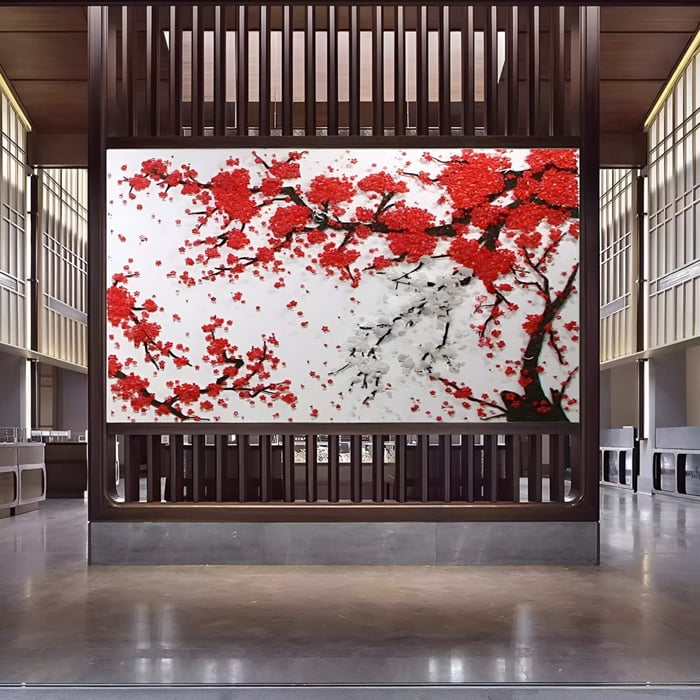 A striking Blossom 3D Button Wall Art installation featuring vibrant red floral branches crafted from button-like textures on a white background, displayed in a contemporary gallery-style interior with warm wood panelling.