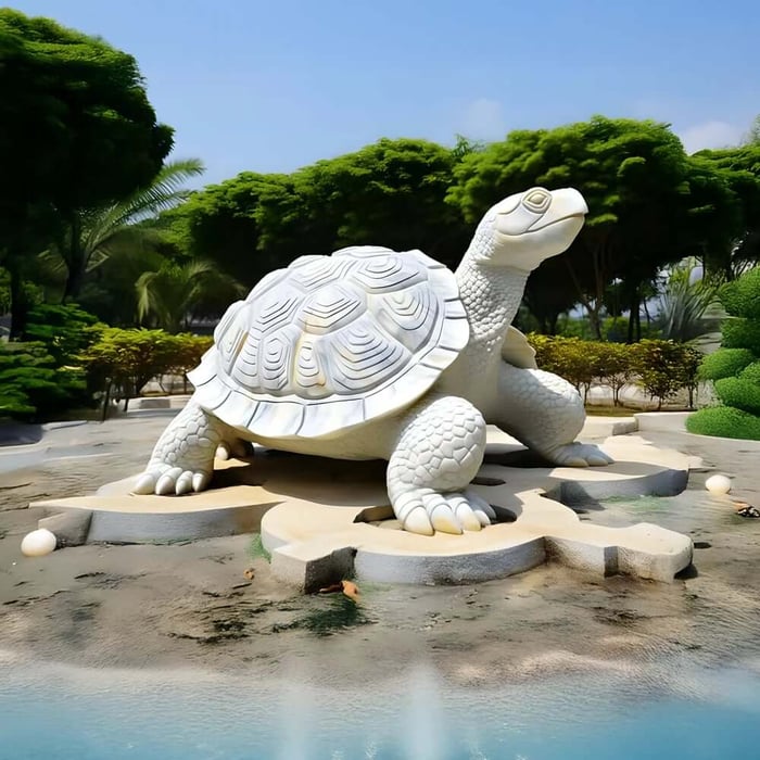 White marble turtle sculpture on a stone platform beside a water feature in a garden landscape.