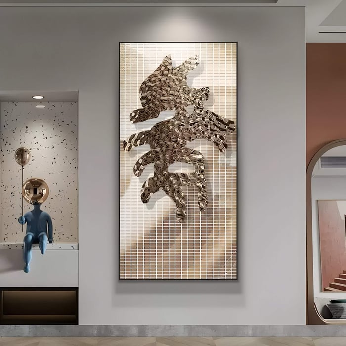 A modern hallway featuring a large vertical metal 3D wall art piece with an intricate organic design in bronze tones, set against a tiled backdrop, adding depth and texture to the space.