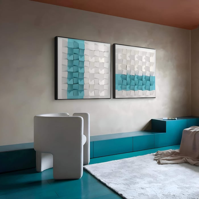 ontemporary living room with teal floor and cabinets, a sculptural white chair, and two large abstract 3D teal and white wall art pieces above a white rug.