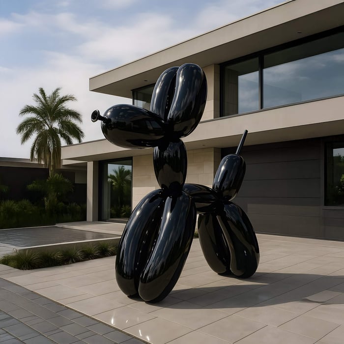 A 240cm Onyx Black Balloon Dog Sculpture by Giant Sculptures adds contemporary flair to a luxury patio with sleek architecture, expansive windows, a lone palm tree, and minimalist landscaping.