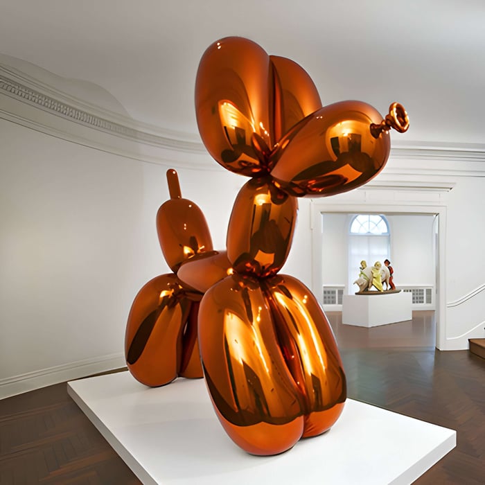 Sunset Orange Balloon Dog Sculpture placed at entryways of gallery modern interior.