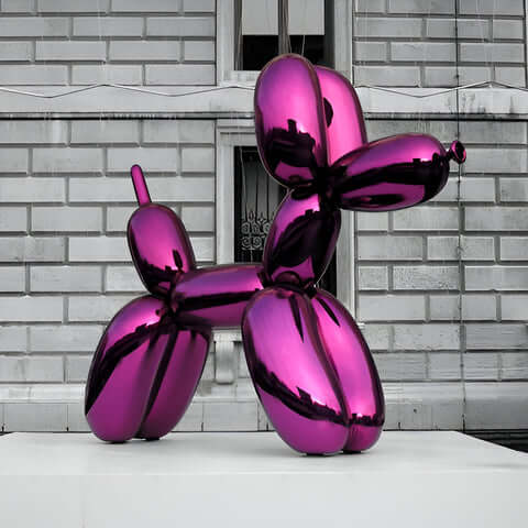 200cm giant dog sculpture in Phantom Purple with a glossy electroplated finish, showcased against a grayscale urban background, highlighting its vibrant reflective surface.