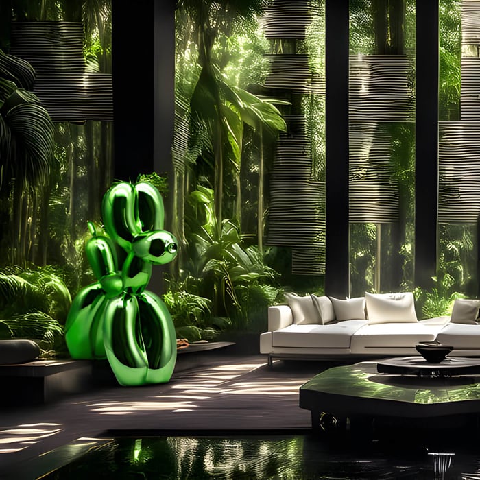 Giant green dog sculpture in a luxurious living space, harmonizing with the natural, forest-like interior design.