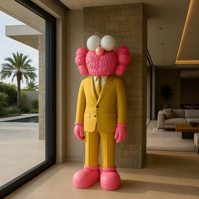 Tall colourful resin sculpture in a yellow suit with a pink head, displayed in a modern home entryway.