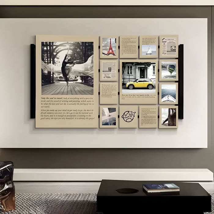 Beige collage wall art of travel photography and text, adding personality to a stylish living room wall.