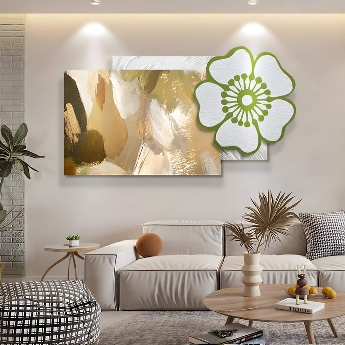 A modern living room featuring Bloomark Sandstone Floral Abstract Texture 3D Wall Art, a layered composition combining soft neutral brushstrokes with a large sculpted green-outlined flower for a refined organic accent.