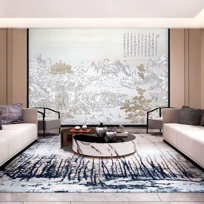 Luxurious living room displaying large Asian landscape mural with calligraphy.
