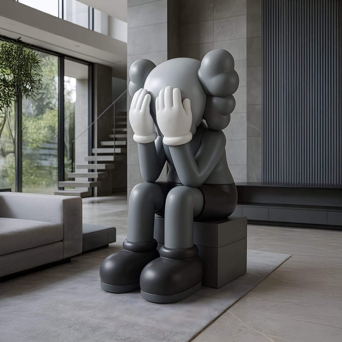 The large 163cm Slate Grey Iconify Melancholy Sitting Sculpture by Giant Sculptures features a seated cartoon-like figure with gloved hands covering its face. Its glossy gray finish and exaggerated features add contemporary charm to modern, minimalist interiors with large windows and a neutral palette.