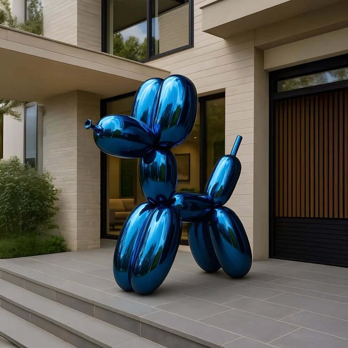 Oversized glossy blue balloon-dog style outdoor sculpture on a paved terrace outside a modern home.
