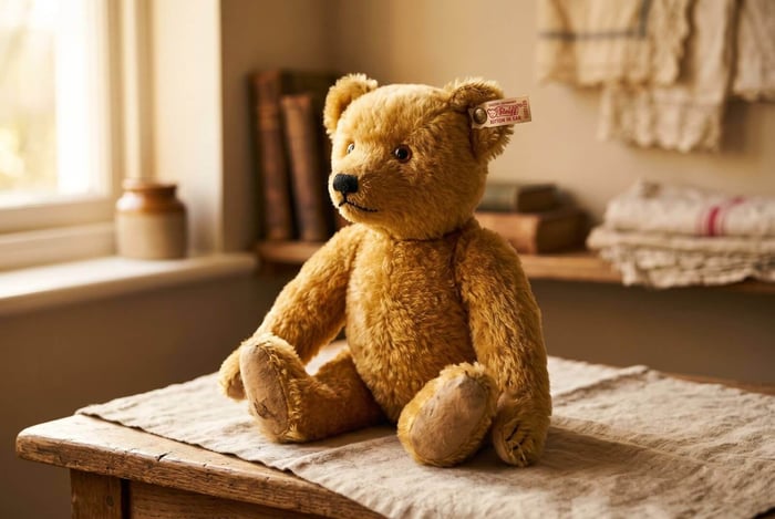 Steiff teddy bear with Button in Ear trademark — the authentication mark used by Steiff since 1904.