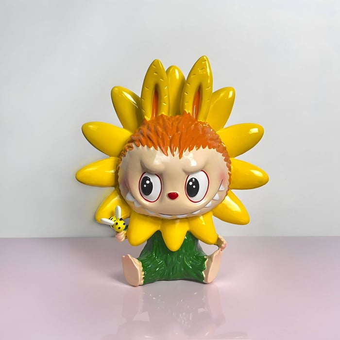 100 cm Flower Elves Sunflower Labubu modern sculptures figure—bright yellow petals, bunny-ear crown, bee in hand, collectible art toy.