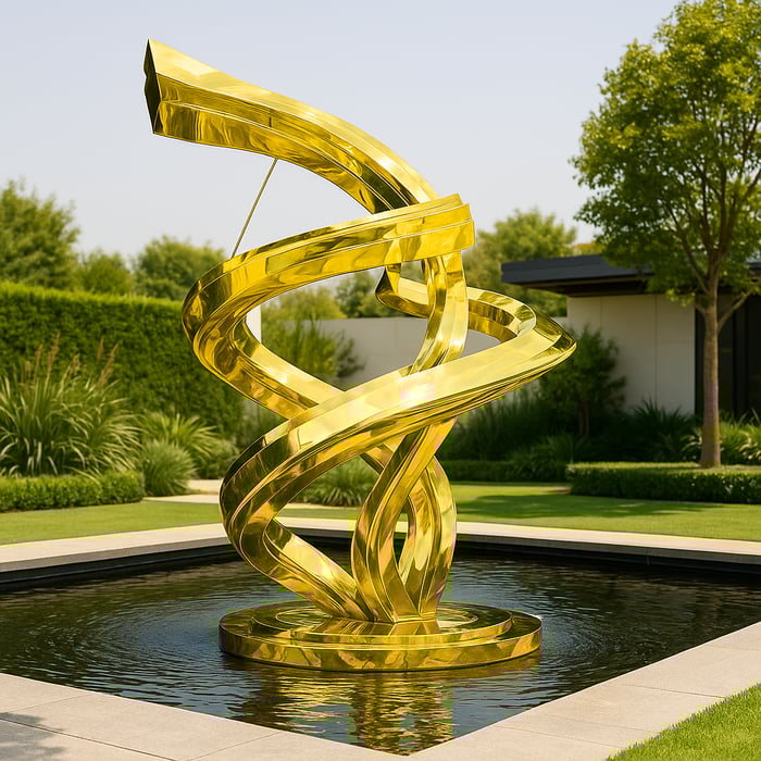 Large gold abstract steel sculpture with twisting ribbon-like design displayed outdoors in a landscaped garden water feature.