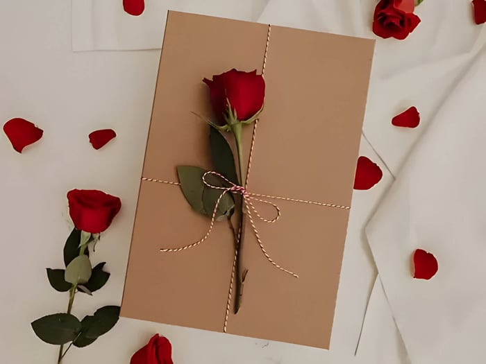 a red rose on a brown gift