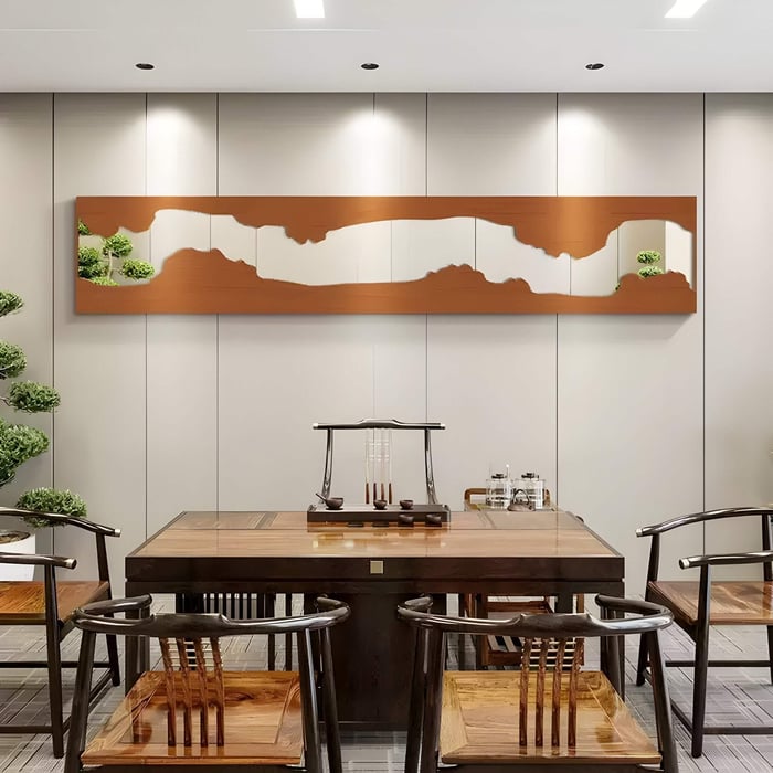 Elegant dining room with wooden furniture and panoramic landscape wall art featuring greenery.