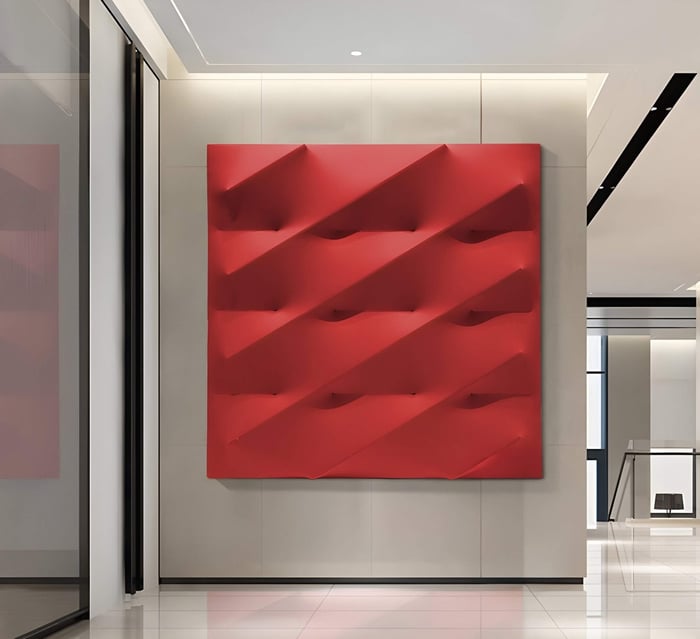 Giant Sculptures Verto Bold Red Stretch Fabric Layered Wooden 3D Wall Art graces a minimalistic gallery with its abstract diagonal ridges, strikingly contrasting a light backdrop and harmonizing with the glossy floor and sleek modern interiors.