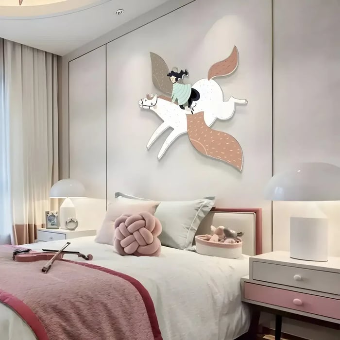 A charming children's bedroom with a unique wall art piece of a girl riding a stylized white horse with large decorative wings, blending soft pastel hues and playful elements.