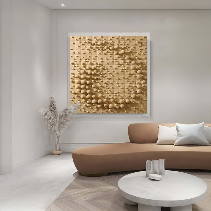 Beige living room with large 3D golden wall art, curved sofa, and pampas grass in a corner.