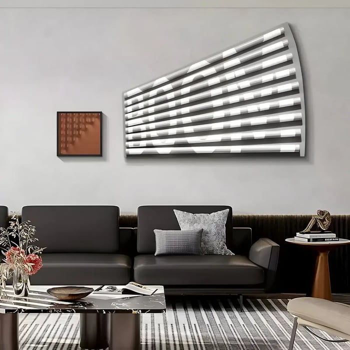 A sleek, modern living room with a sculptural wall installation featuring horizontal illuminated bars, creating a dynamic and futuristic aesthetic.