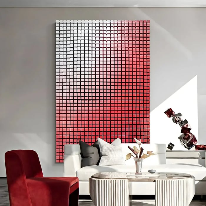 A contemporary living room featuring a dramatic red and white pixelated 3D wall art piece above a modern white sofa.