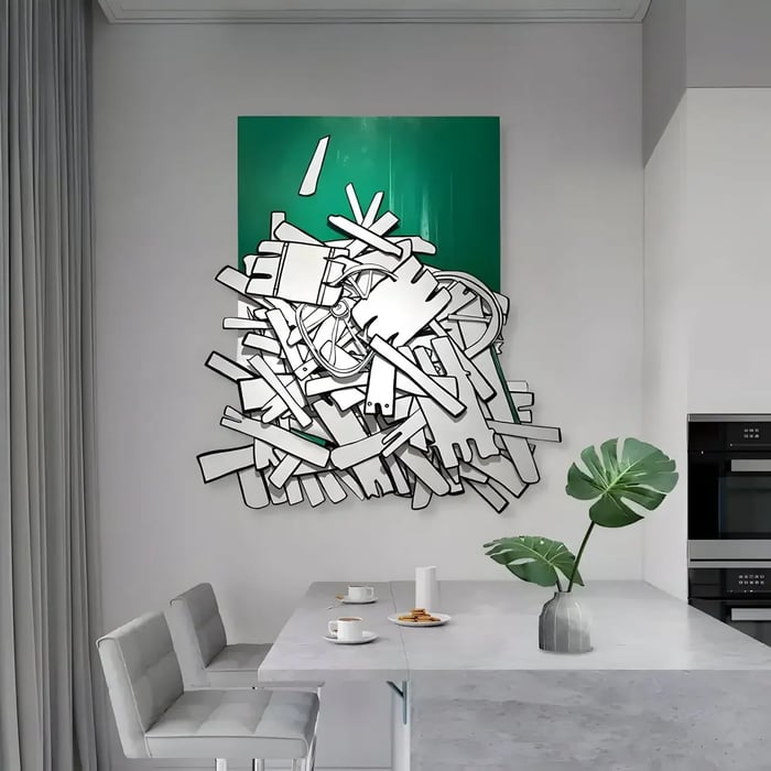 A bold metal sculpture featuring an abstract pile of black-and-white geometric shapes, mounted on a green panel, adding artistic contrast to a sleek dining space.