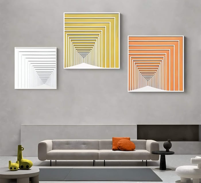 A living room featuring a cozy couch and stunning Prismalux Yellow Wood Carving Hand-Painted 3D Wall Art by Giant Sculptures on the walls.
