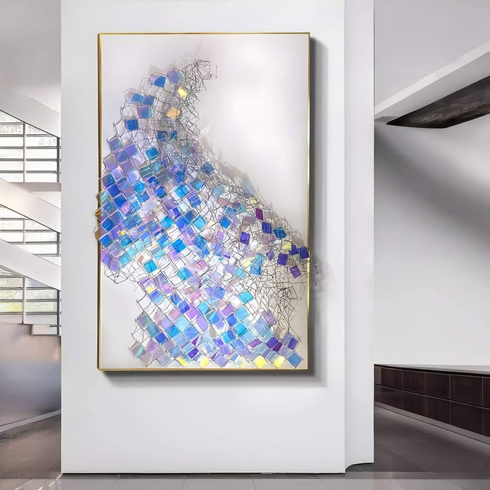 Prismara Azure Wave Iridescent Mesh 3D Acrylic Wall Art displayed in a wide hallway, featuring shimmering blue and purple geometric panels with metallic mesh details, framed in gold.
