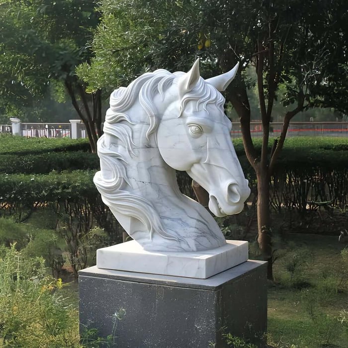 White marble horse head sculpture on a pedestal in a landscaped garden with trees.