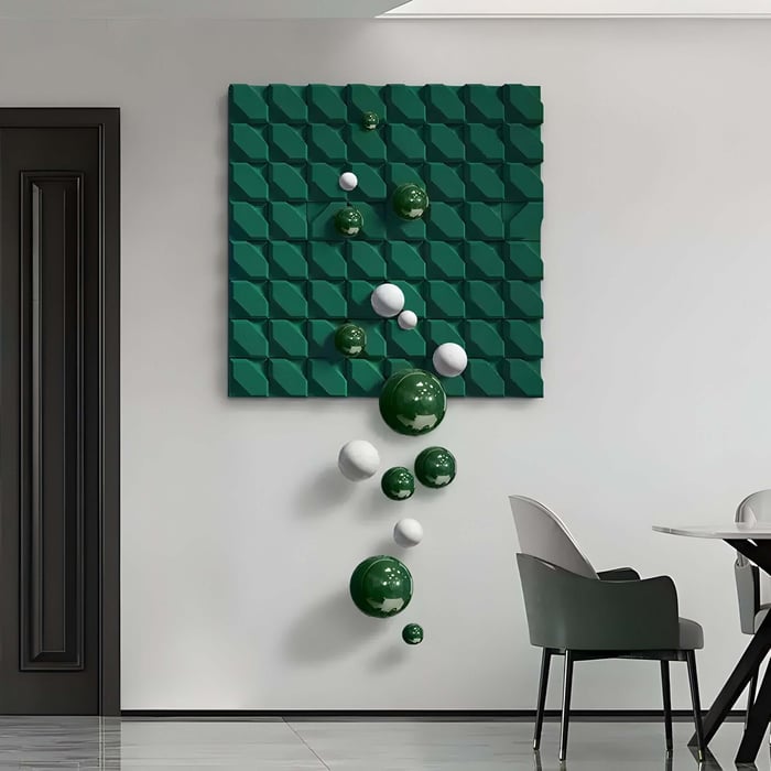 Green Geometric Wall Art with Floating Spheres – Modern Office Art – A textured green wall panel with a repeating geometric pattern, adorned with glossy green and white spheres cascading beyond the frame. Perfect for modern office art, adding depth and a dynamic visual element to a stylish workspace or meeting area.
