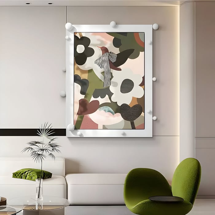 A cozy room with a leather armchair features a gallery wall of nine square mixed-media panels, each showcasing sculptural strips, grids, and textures in neutral tones.Floral Bird Wall Art – Bold bird & flower wall art in a playful pastel palette above a sleek modern white sofa.