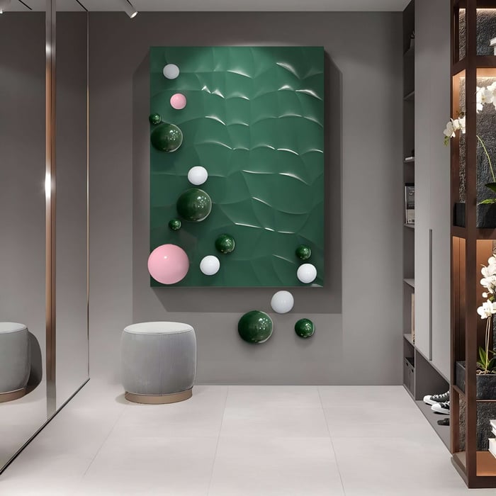 Green 3D Wall Art with Floating Spheres – A bold emerald green sculptural wall panel with a textured surface, adorned with spherical accents in white, pink, and green. Installed in a stylish hallway with muted tones and modern furnishings.