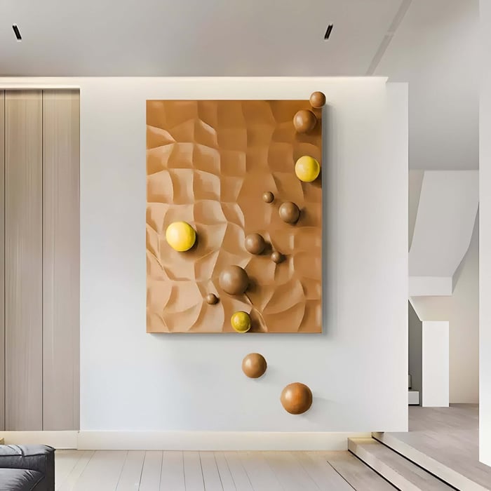 3D Brown Abstract Wall Art with Spheres – A textured brown wall panel with floating yellow and brown spheres, displayed in a modern home.