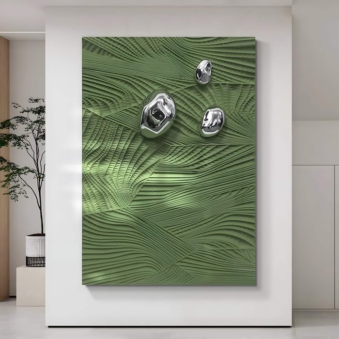  Green abstract leaf-textured panel with floating chrome spheres in a bright, open minimalist hallway.