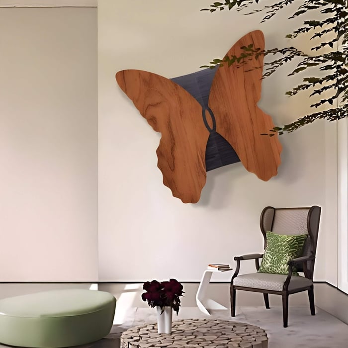Butterfly-shaped wood wall art in natural tones, mounted in a serene corner with a cozy chair and modern decor.