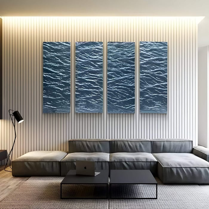 Living room with four vertical blue panels resembling ocean waves, mounted on a striped feature wall above a grey sectional.